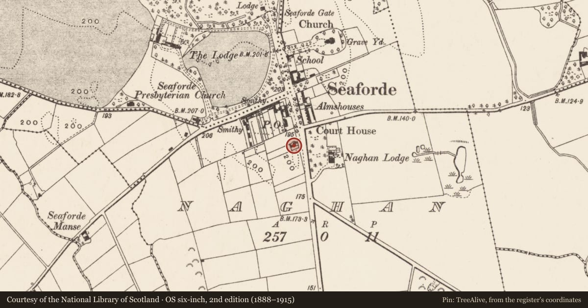 Ordnance Survey six-inch map, 2nd edition (1888–1915) covering the location of 201 Newcastle Road, Naghan, Newry, Mourne and Down, with a pin at the register's coordinates