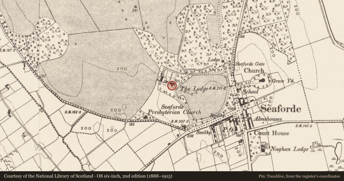 Ordnance Survey six-inch map, 2nd edition (1888–1915) covering the location of The Lodge, Seaforde Demesne, Newry, Mourne and Down, with a pin at the register's coordinates