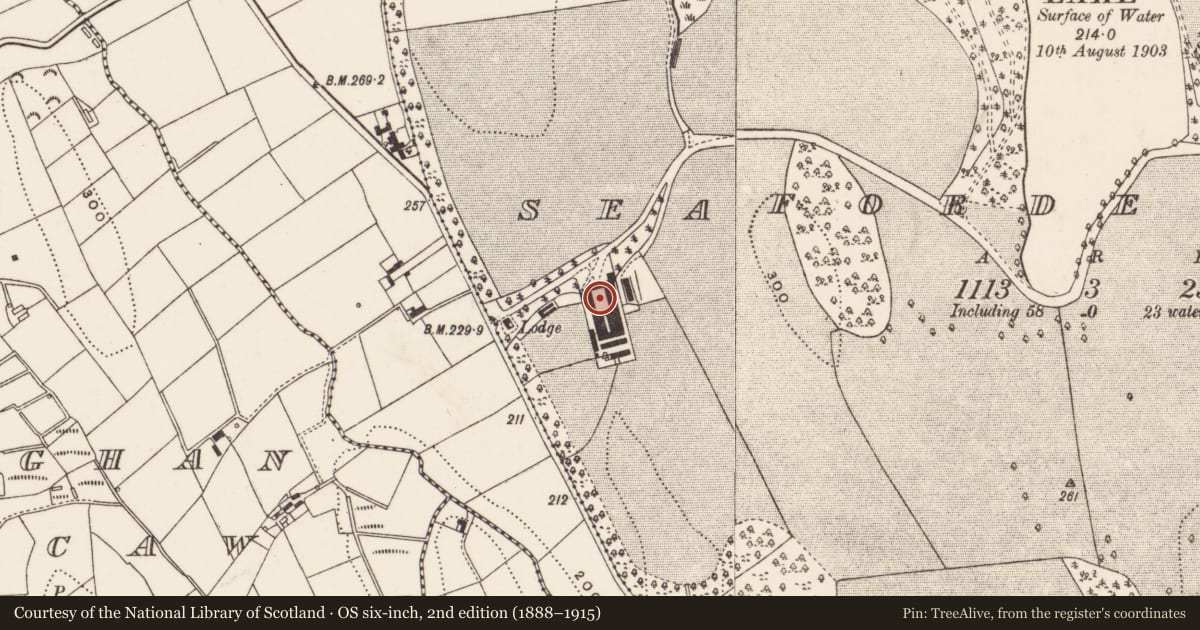 Ordnance Survey six-inch map, 2nd edition (1888–1915) covering the location of Lower Farm courtyard, Seaforde Demesne, Newry, Mourne and Down, with a pin at the register's coordinates