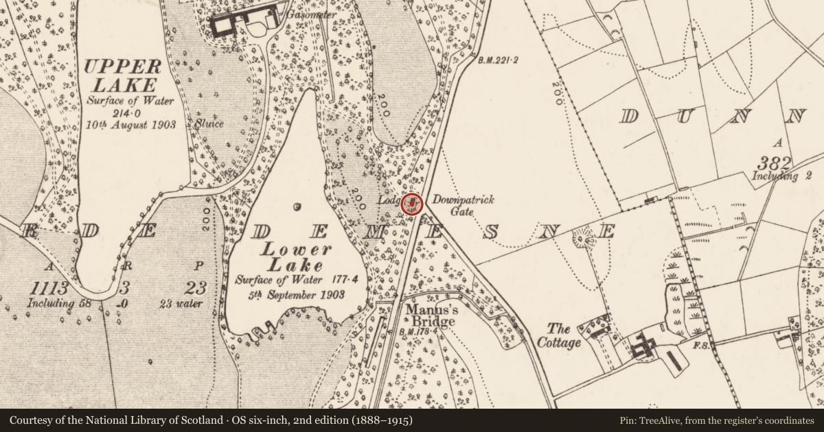Ordnance Survey six-inch map, 2nd edition (1888–1915) covering the location of Downpatrick Gate Lodge, Newry, Mourne and Down, with a pin at the register's coordinates