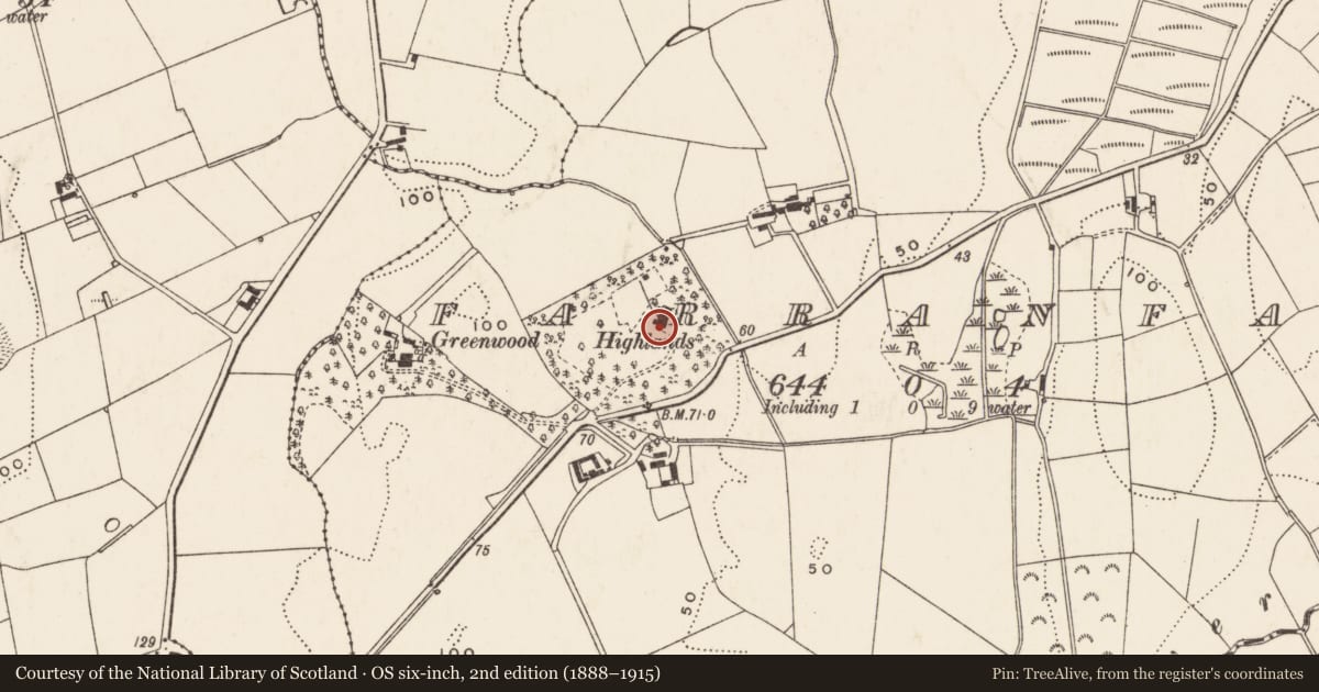 Ordnance Survey six-inch map, 2nd edition (1888–1915) covering the location of Highlands, Farranfad, Newry, Mourne and Down, with a pin at the register's coordinates