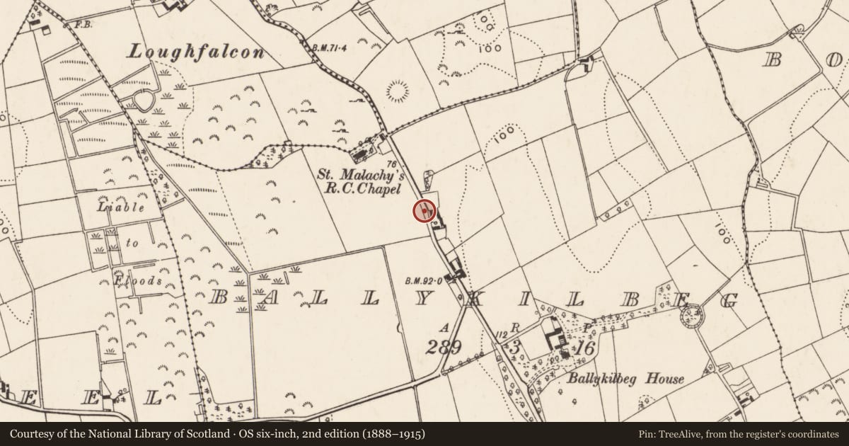 Ordnance Survey six-inch map, 2nd edition (1888–1915) covering the location of 18 Ballykilbeg Road, Newry, Mourne and Down, with a pin at the register's coordinates