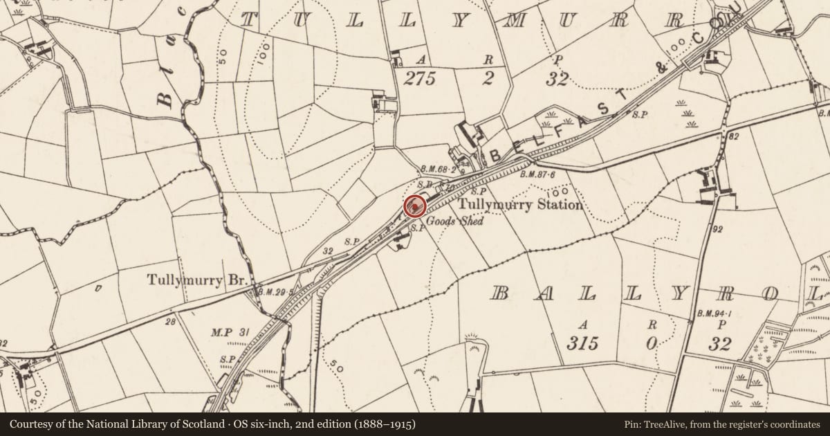 Ordnance Survey six-inch map, 2nd edition (1888–1915) covering the location of Former goods Shed, Tullymurry, Newry, Mourne and Down, with a pin at the register's coordinates