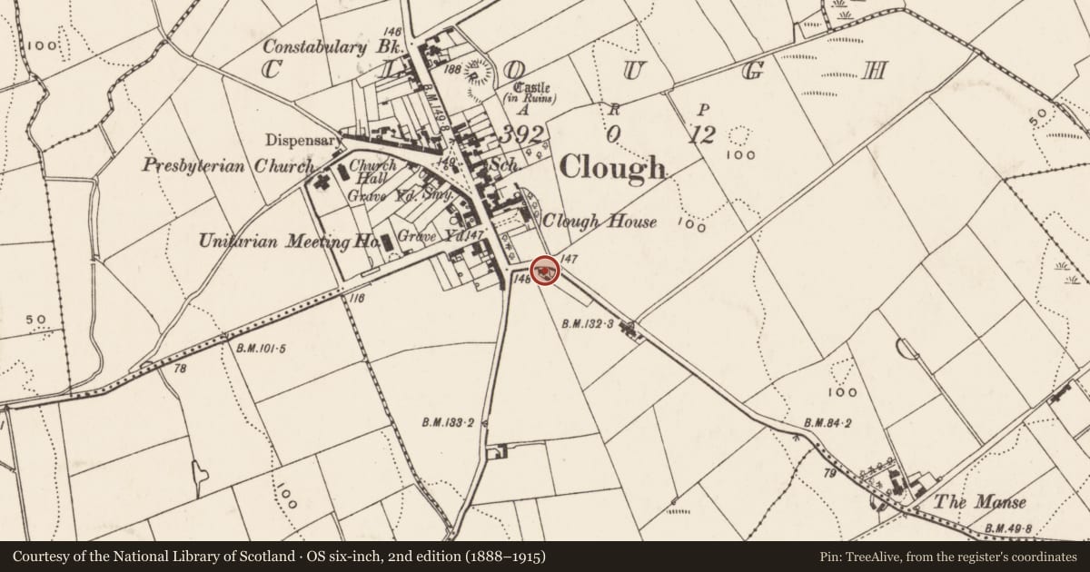 Ordnance Survey six-inch map, 2nd edition (1888–1915) covering the location of 3 Blackstaff Road, Clough, Newry, Mourne and Down, with a pin at the register's coordinates