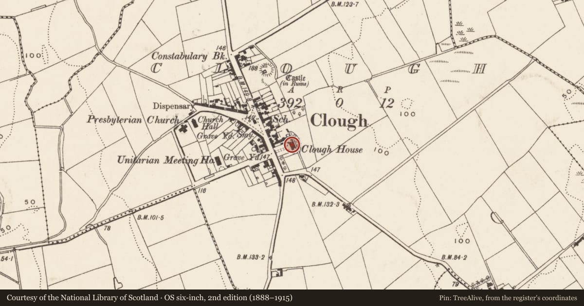 Ordnance Survey six-inch map, 2nd edition (1888–1915) covering the location of Clough House, Newry, Mourne and Down, with a pin at the register's coordinates
