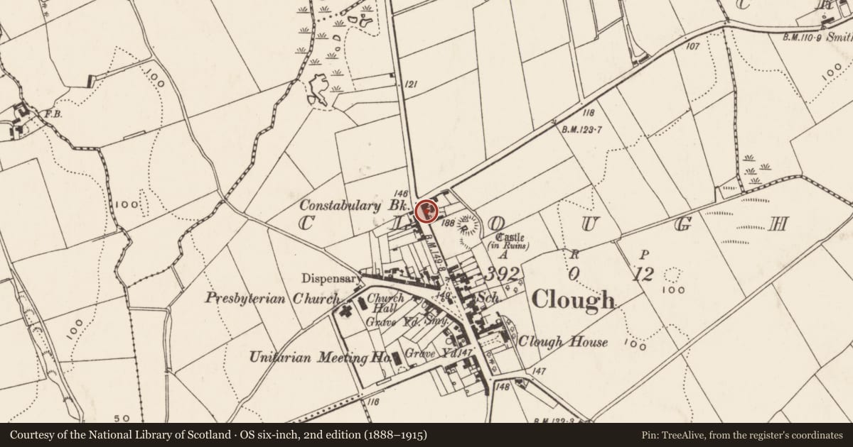Ordnance Survey six-inch map, 2nd edition (1888–1915) covering the location of 2-4 Main St., Clough, Newry, Mourne and Down, with a pin at the register's coordinates