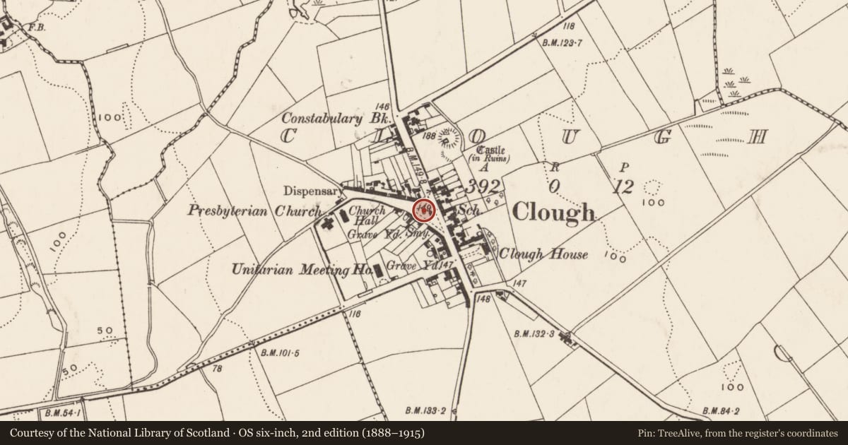 Ordnance Survey six-inch map, 2nd edition (1888–1915) covering the location of Village pump, Clough, Newry, Mourne and Down, with a pin at the register's coordinates