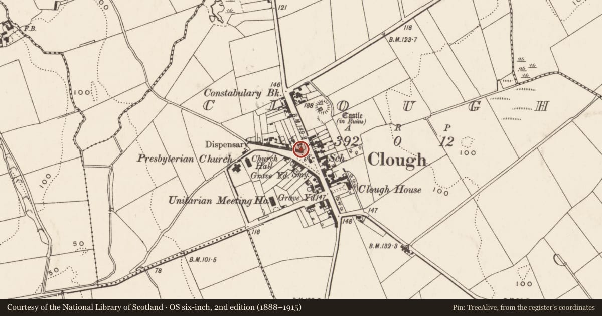 Ordnance Survey six-inch map, 2nd edition (1888–1915) covering the location of 1 The Square, Clough, Newry, Mourne and Down, with a pin at the register's coordinates