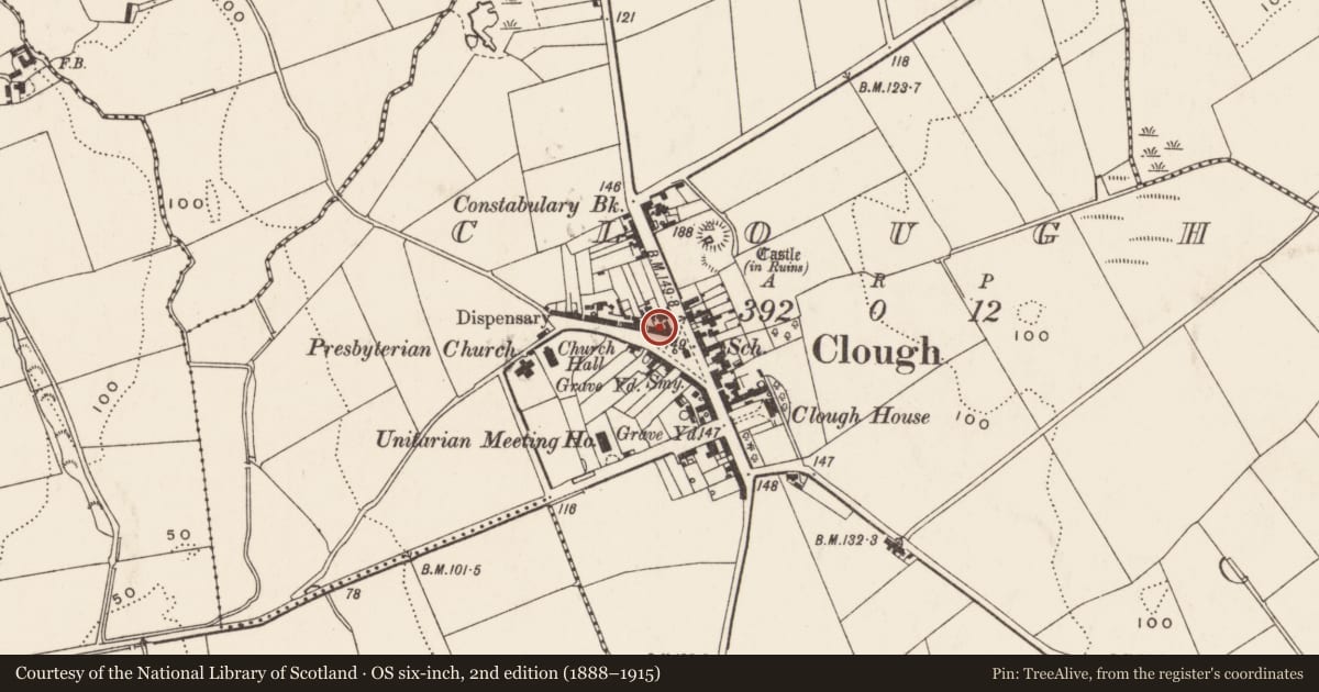 Ordnance Survey six-inch map, 2nd edition (1888–1915) covering the location of 3 The Square, Clough, Newry, Mourne and Down, with a pin at the register's coordinates
