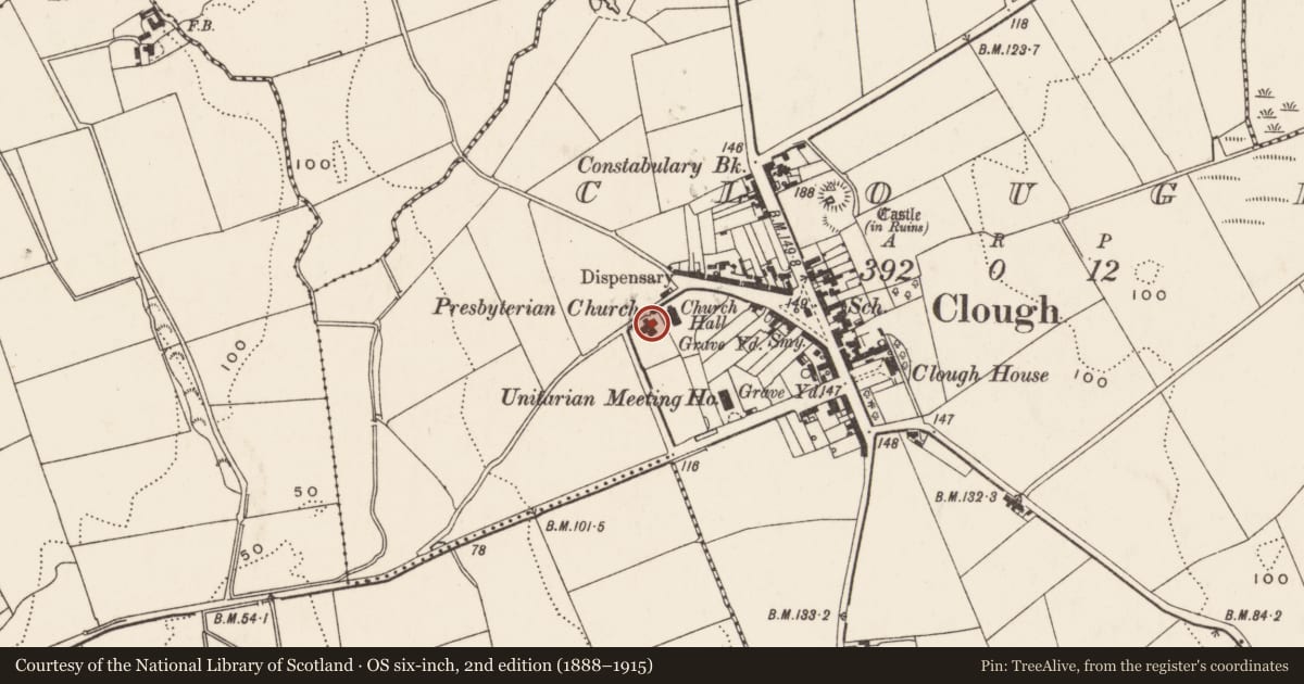 Ordnance Survey six-inch map, 2nd edition (1888–1915) covering the location of Clough Presbyterian Church, Newry, Mourne and Down, with a pin at the register's coordinates