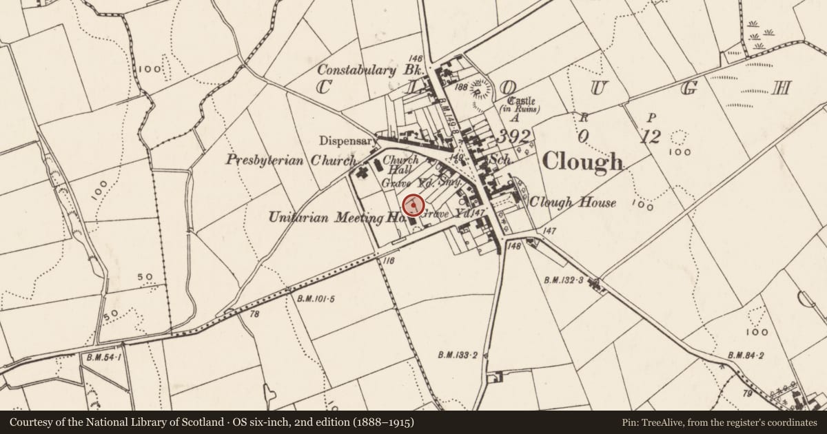 Ordnance Survey six-inch map, 2nd edition (1888–1915) covering the location of Murland Tomb, Clough, Newry, Mourne and Down, with a pin at the register's coordinates