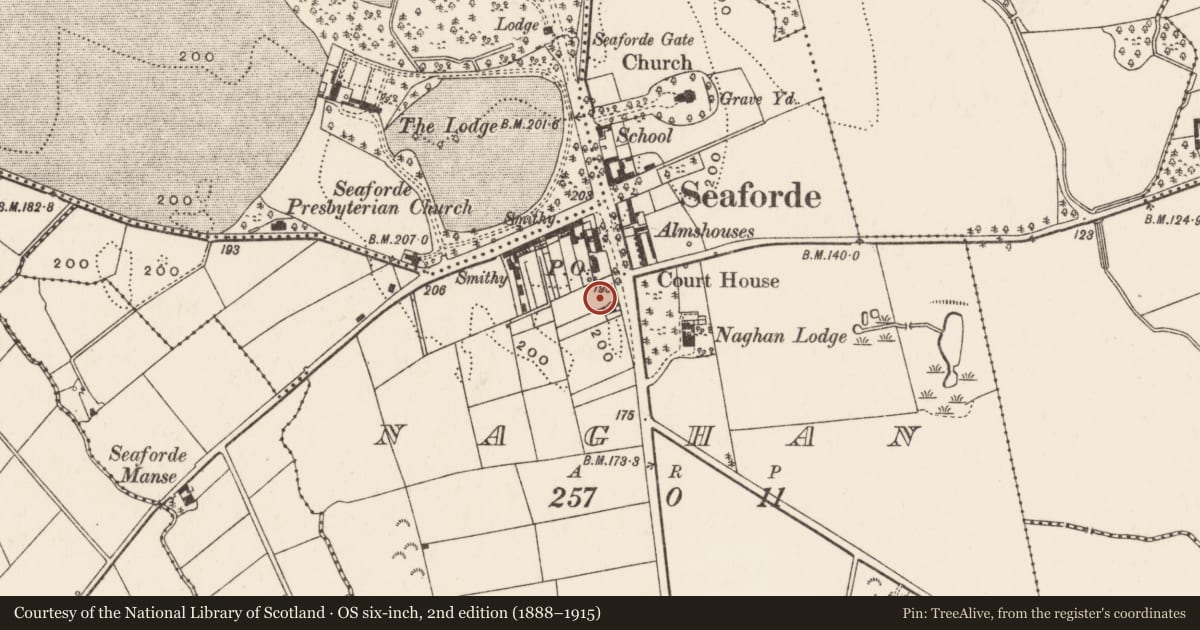 Ordnance Survey six-inch map, 2nd edition (1888–1915) covering the location of Former Police Station, Naghan, Newry, Mourne and Down, with a pin at the register's coordinates