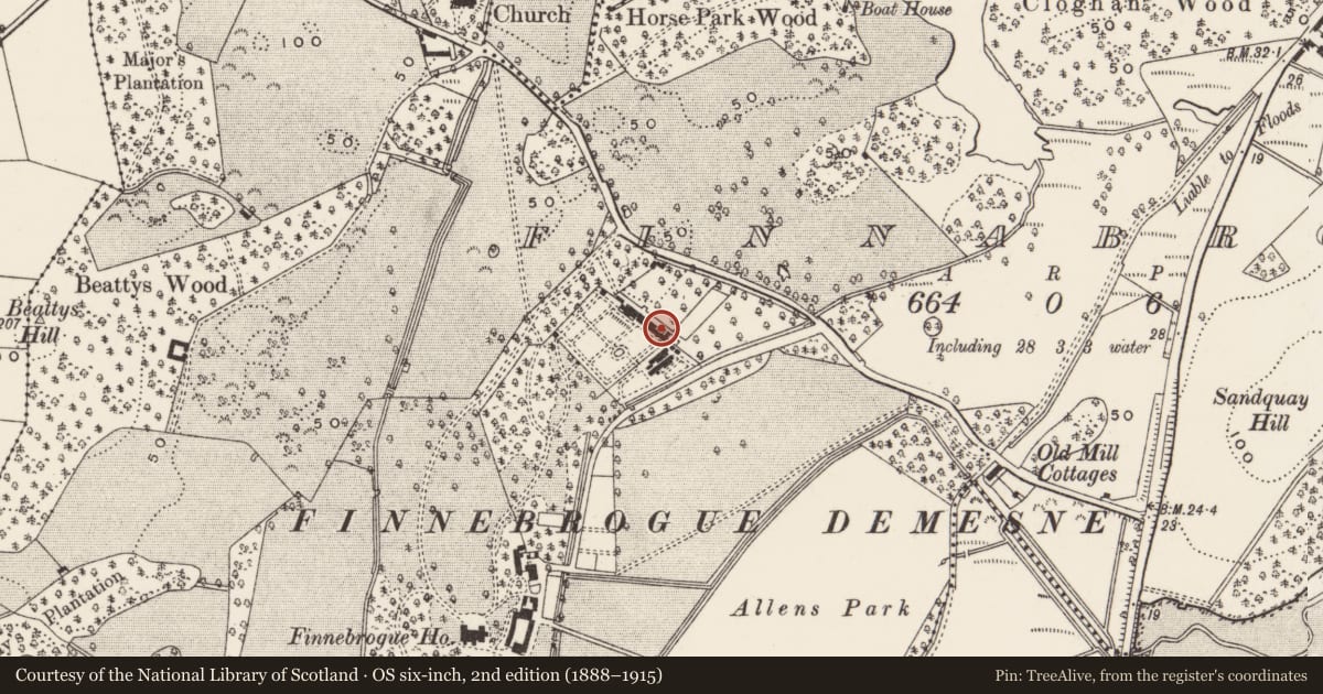Ordnance Survey six-inch map, 2nd edition (1888–1915) covering the location of Gardener's house at Finnebrogue estate, Finnabrogue, Newry, Mourne and Down, with a pin at the register's coordinates