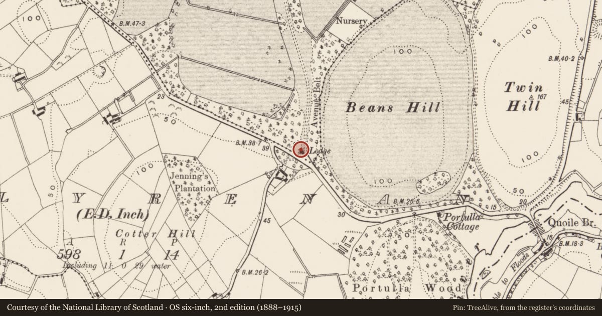 Ordnance Survey six-inch map, 2nd edition (1888–1915) covering the location of Gate lodge at Finnebrogue House, Finnabrogue, Newry, Mourne and Down, with a pin at the register's coordinates