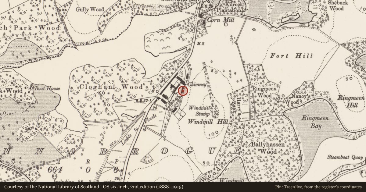 Ordnance Survey six-inch map, 2nd edition (1888–1915) covering the location of Stables to East, Finnabrogue, Newry, Mourne and Down, with a pin at the register's coordinates