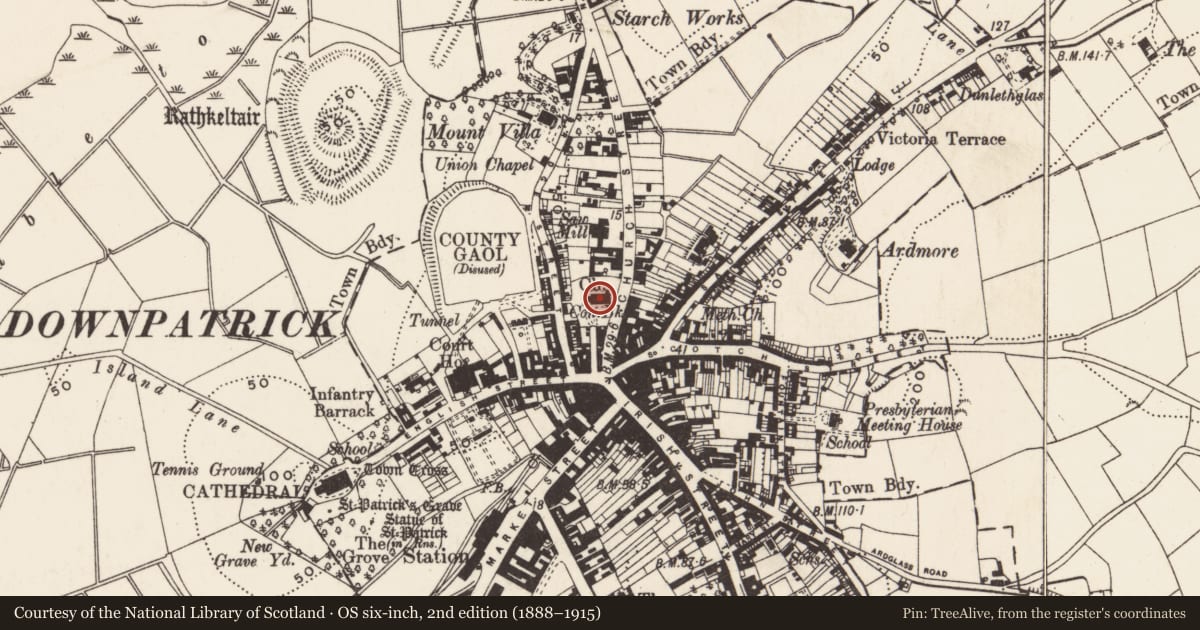 Ordnance Survey six-inch map, 2nd edition (1888–1915) covering the location of Parish Church Of The Holy Trinity (St. Margaret'S), Newry, Mourne and Down, with a pin at the register's coordinates