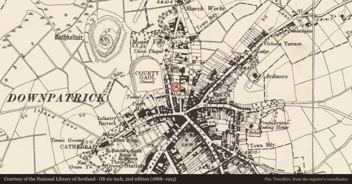 Ordnance Survey six-inch map, 2nd edition (1888–1915) covering the location of Sall-Miller Tomb, Newry, Mourne and Down, with a pin at the register's coordinates