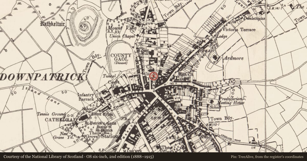 Ordnance Survey six-inch map, 2nd edition (1888–1915) covering the location of Wallace Tomb, Newry, Mourne and Down, with a pin at the register's coordinates