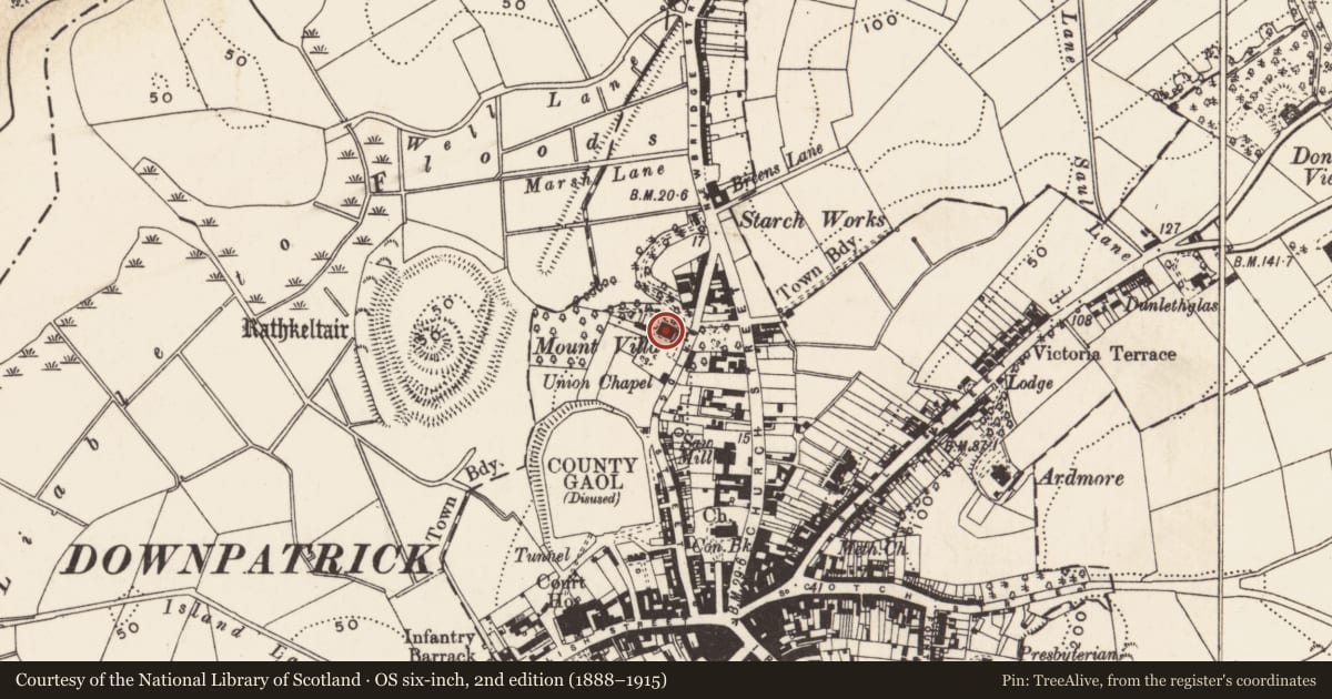 Ordnance Survey six-inch map, 2nd edition (1888–1915) covering the location of Rathdune House, Newry, Mourne and Down, with a pin at the register's coordinates