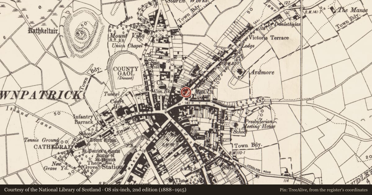 Ordnance Survey six-inch map, 2nd edition (1888–1915) covering the location of 12 Saul St., Newry, Mourne and Down, with a pin at the register's coordinates