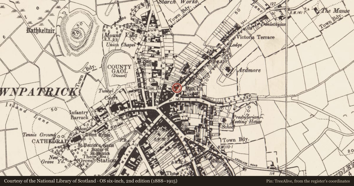 Ordnance Survey six-inch map, 2nd edition (1888–1915) covering the location of 14 Saul St., Newry, Mourne and Down, with a pin at the register's coordinates