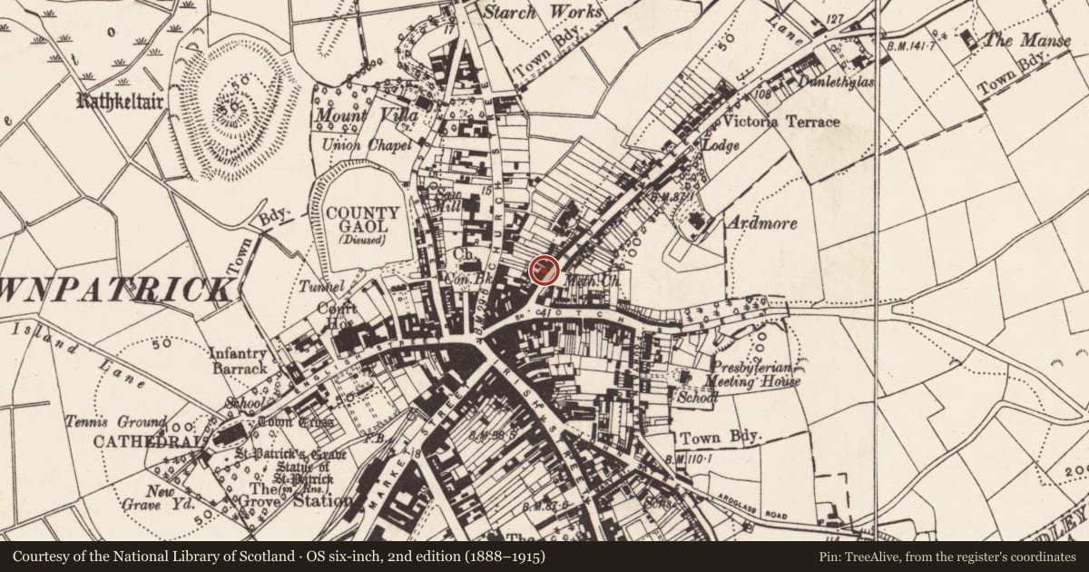 Ordnance Survey six-inch map, 2nd edition (1888–1915) covering the location of 18 Saul St., Newry, Mourne and Down, with a pin at the register's coordinates