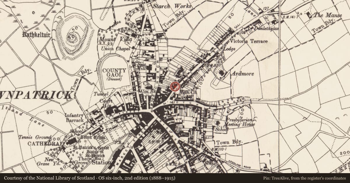 Ordnance Survey six-inch map, 2nd edition (1888–1915) covering the location of 22 Saul St., Newry, Mourne and Down, with a pin at the register's coordinates