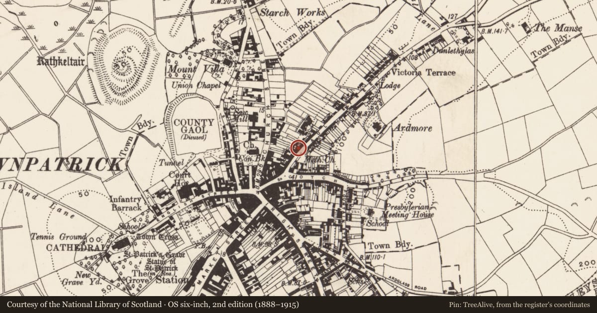 Ordnance Survey six-inch map, 2nd edition (1888–1915) covering the location of 24 Saul St., Newry, Mourne and Down, with a pin at the register's coordinates
