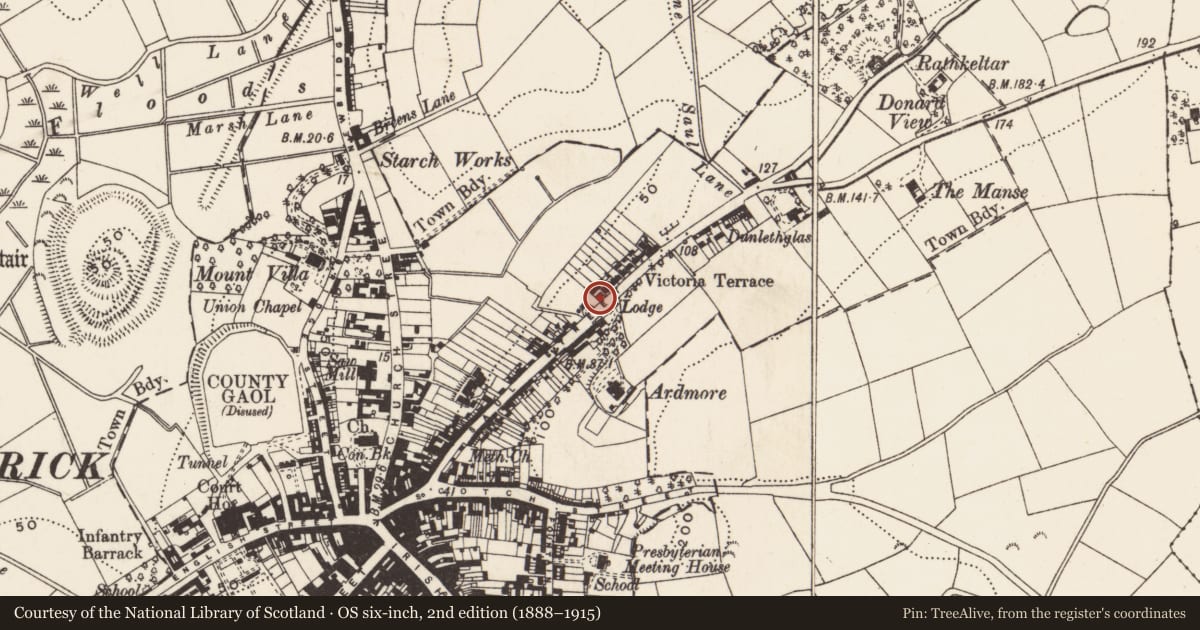 Ordnance Survey six-inch map, 2nd edition (1888–1915) covering the location of 108 Saul St., Newry, Mourne and Down, with a pin at the register's coordinates