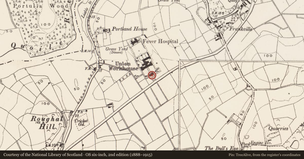Ordnance Survey six-inch map, 2nd edition (1888–1915) covering the location of Former Workhouse, Demesne of Down, Newry, Mourne and Down, with a pin at the register's coordinates