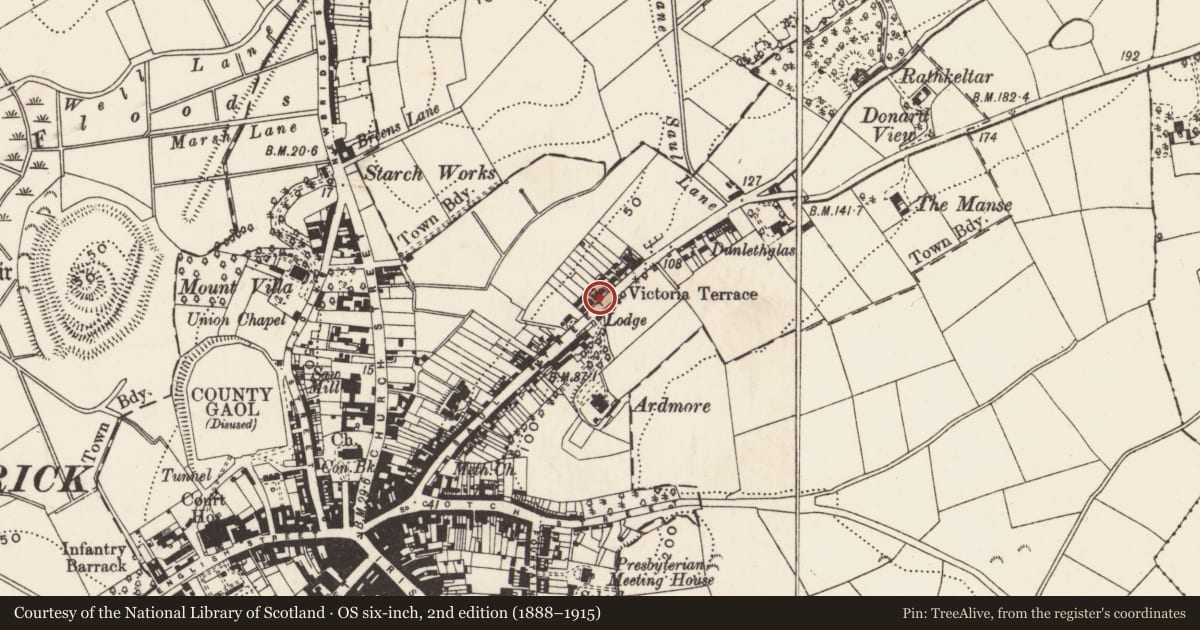 Ordnance Survey six-inch map, 2nd edition (1888–1915) covering the location of 112 Saul Street, Demesne of Down, Newry, Mourne and Down, with a pin at the register's coordinates
