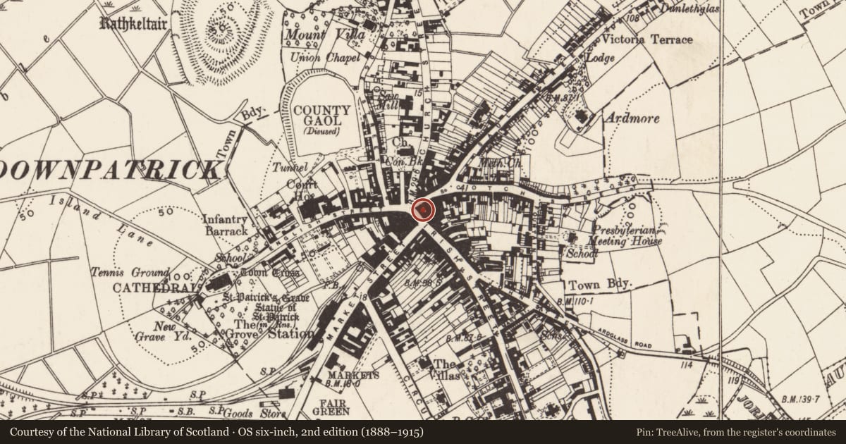 Ordnance Survey six-inch map, 2nd edition (1888–1915) covering the location of Down Arts Centre (former Assembly rooms), Downpatrick, Newry, Mourne and Down, with a pin at the register's coordinates