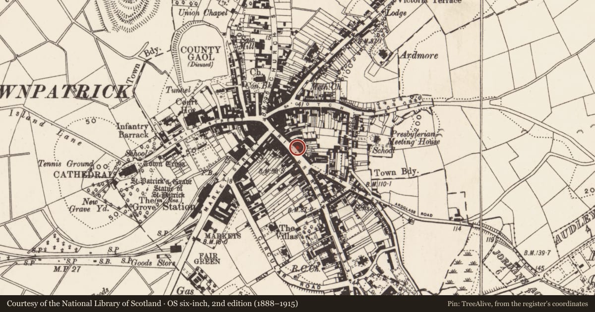 Ordnance Survey six-inch map, 2nd edition (1888–1915) covering the location of Site of former 34-38 Irish Street, Downpatrick, Newry, Mourne and Down, with a pin at the register's coordinates