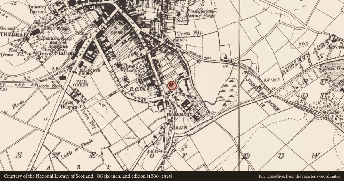 Ordnance Survey six-inch map, 2nd edition (1888–1915) covering the location of Downpatrick First (Non-Subscribing) Presbyterian Church, Newry, Mourne and Down, with a pin at the register's coordinates