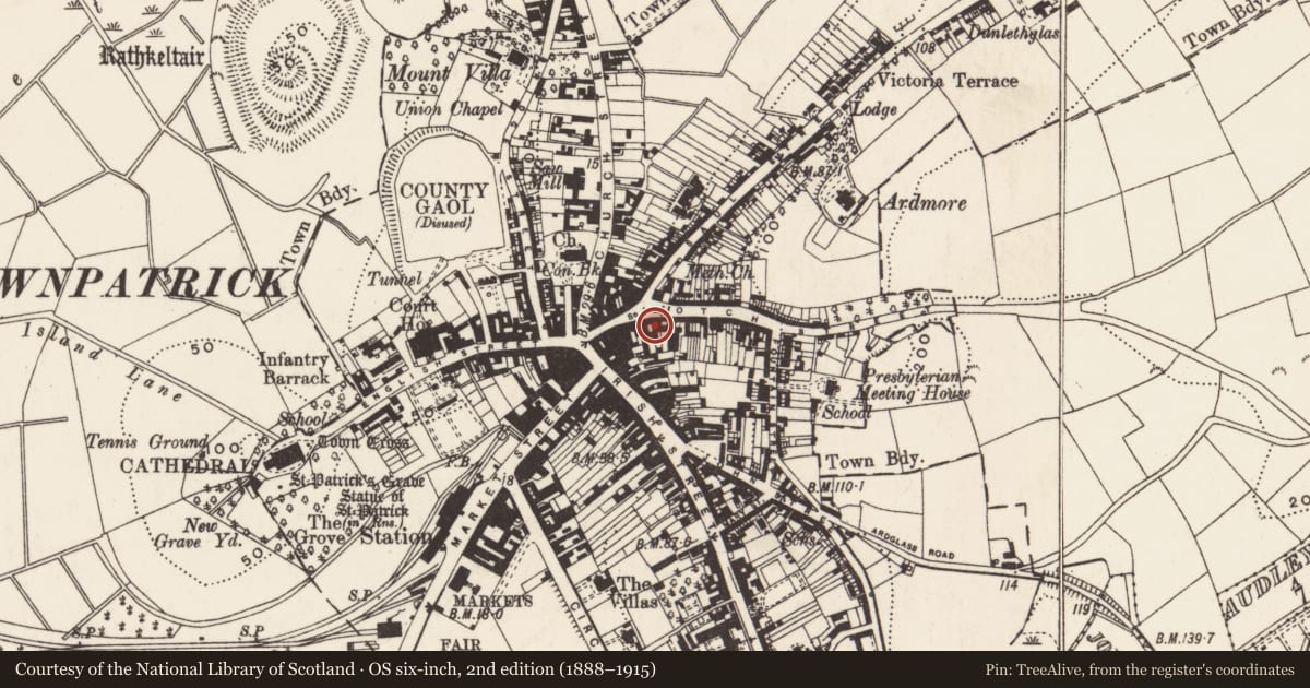 Ordnance Survey six-inch map, 2nd edition (1888–1915) covering the location of Site of former 25 Scotch Street, Downpatrick, Newry, Mourne and Down, with a pin at the register's coordinates
