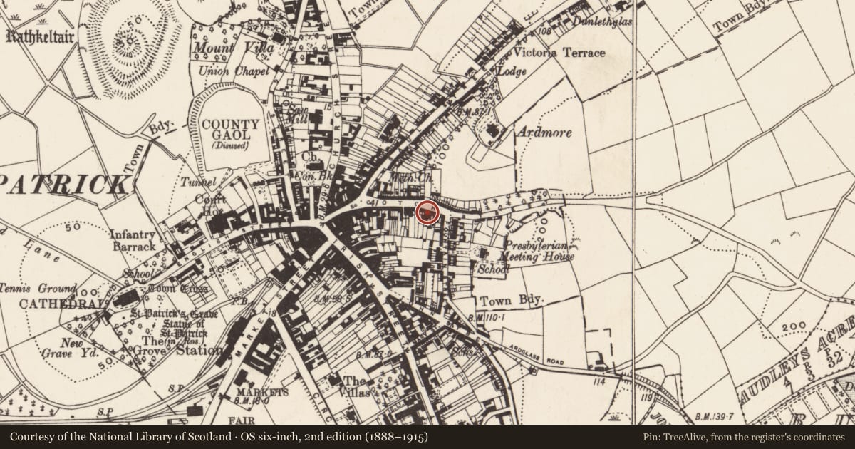 Ordnance Survey six-inch map, 2nd edition (1888–1915) covering the location of 73 Scotch Street, Downpatrick, Newry, Mourne and Down, with a pin at the register's coordinates