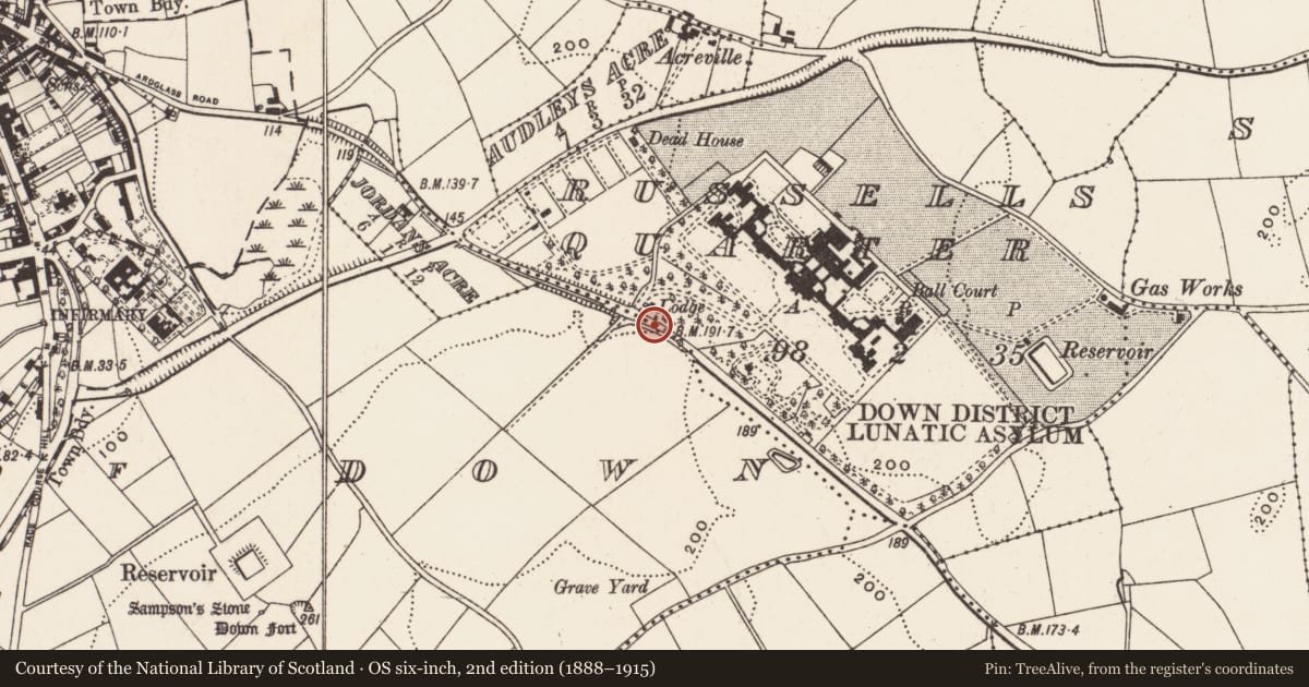 Ordnance Survey six-inch map, 2nd edition (1888–1915) covering the location of Gate lodge at Downshire Hospital, Russells Quarter, Newry, Mourne and Down, with a pin at the register's coordinates