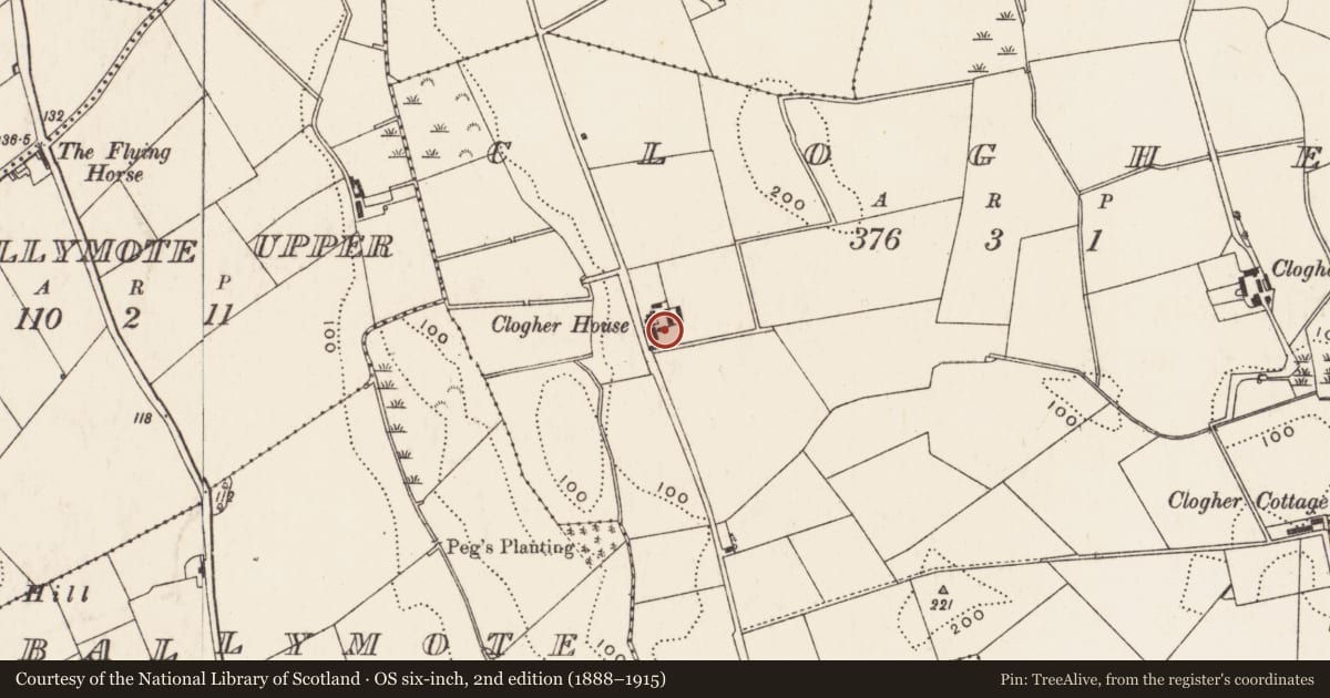 Ordnance Survey six-inch map, 2nd edition (1888–1915) covering the location of Clogher House, Newry, Mourne and Down, with a pin at the register's coordinates