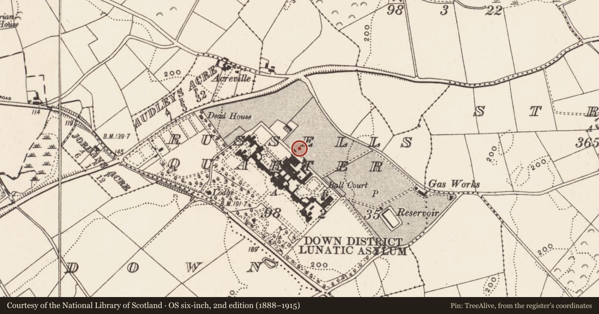 Ordnance Survey six-inch map, 2nd edition (1888–1915) covering the location of Water tower at Downshire Hospital, Downpatrick, Newry, Mourne and Down, with a pin at the register's coordinates
