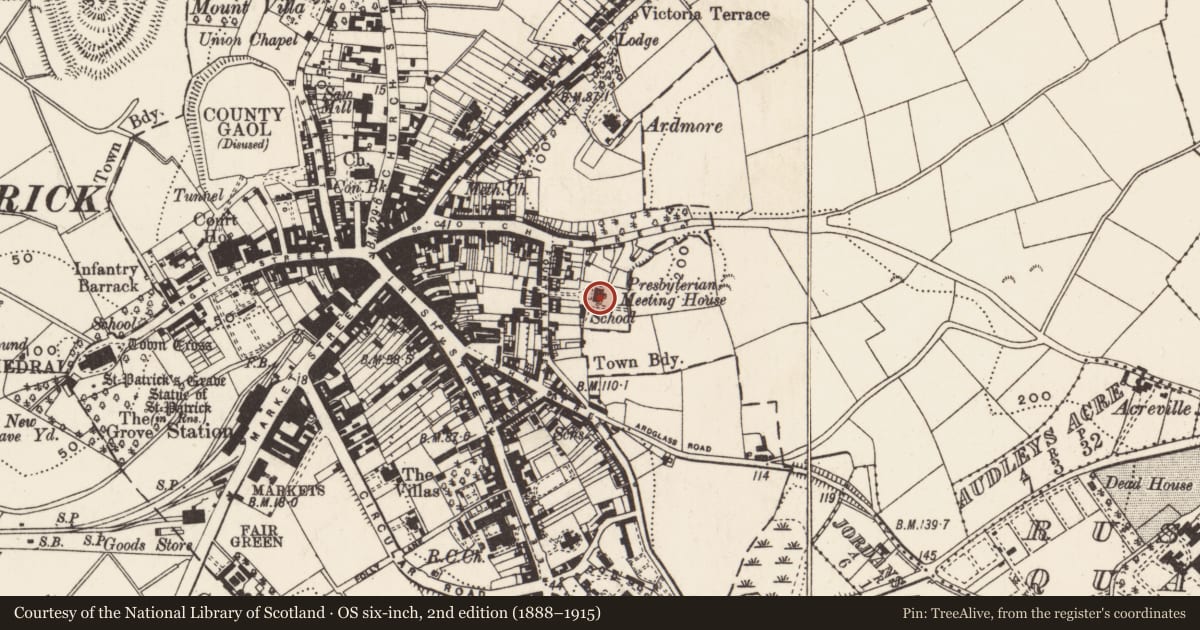 Ordnance Survey six-inch map, 2nd edition (1888–1915) covering the location of Presbyterian Church, Downpatrick, Newry, Mourne and Down, with a pin at the register's coordinates