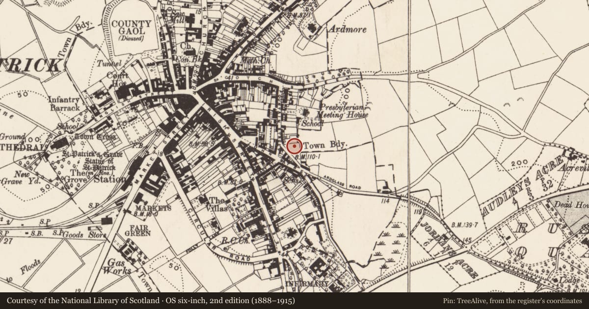 Ordnance Survey six-inch map, 2nd edition (1888–1915) covering the location of Site of former 'Fountain Court', Downpatrick, Newry, Mourne and Down, with a pin at the register's coordinates