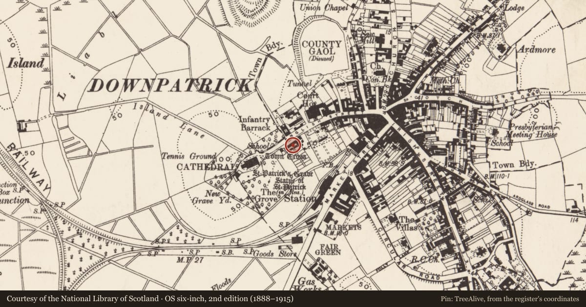 Ordnance Survey six-inch map, 2nd edition (1888–1915) covering the location of Southwell Charity School And Almshouses, Newry, Mourne and Down, with a pin at the register's coordinates