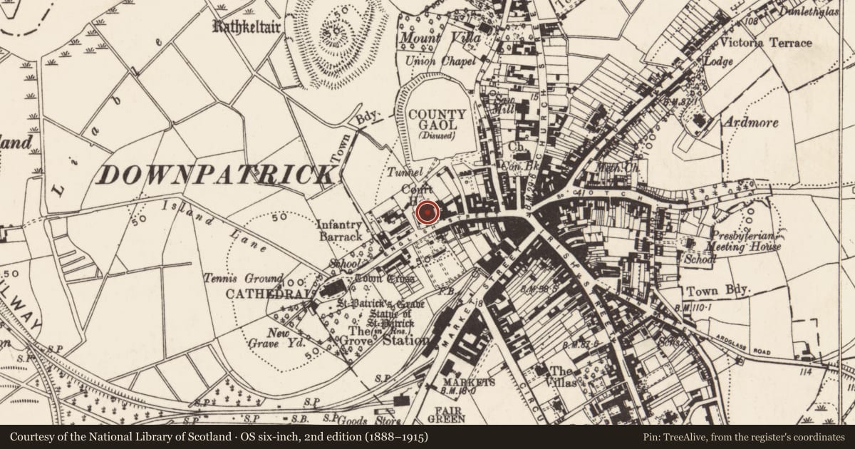 Ordnance Survey six-inch map, 2nd edition (1888–1915) covering the location of Court House, Newry, Mourne and Down, with a pin at the register's coordinates