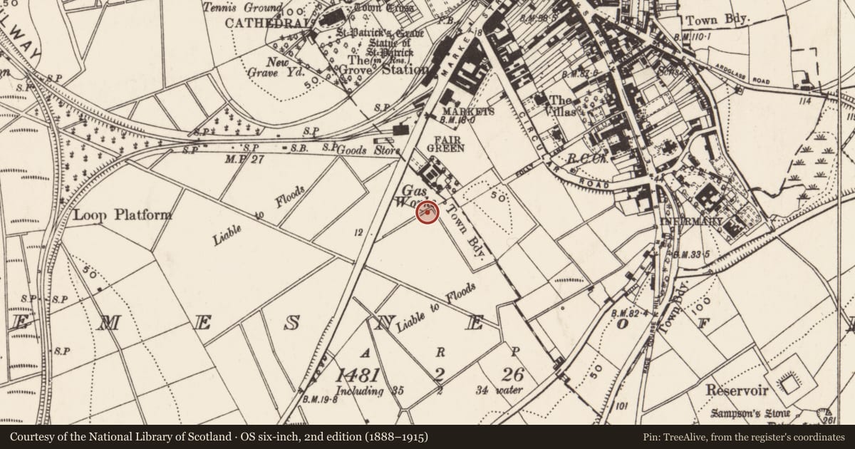 Ordnance Survey six-inch map, 2nd edition (1888–1915) covering the location of Gas Works Building, Newry, Mourne and Down, with a pin at the register's coordinates