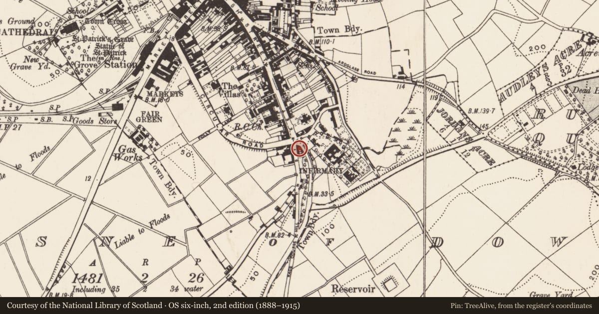 Ordnance Survey six-inch map, 2nd edition (1888–1915) covering the location of 28 Stream St., Newry, Mourne and Down, with a pin at the register's coordinates