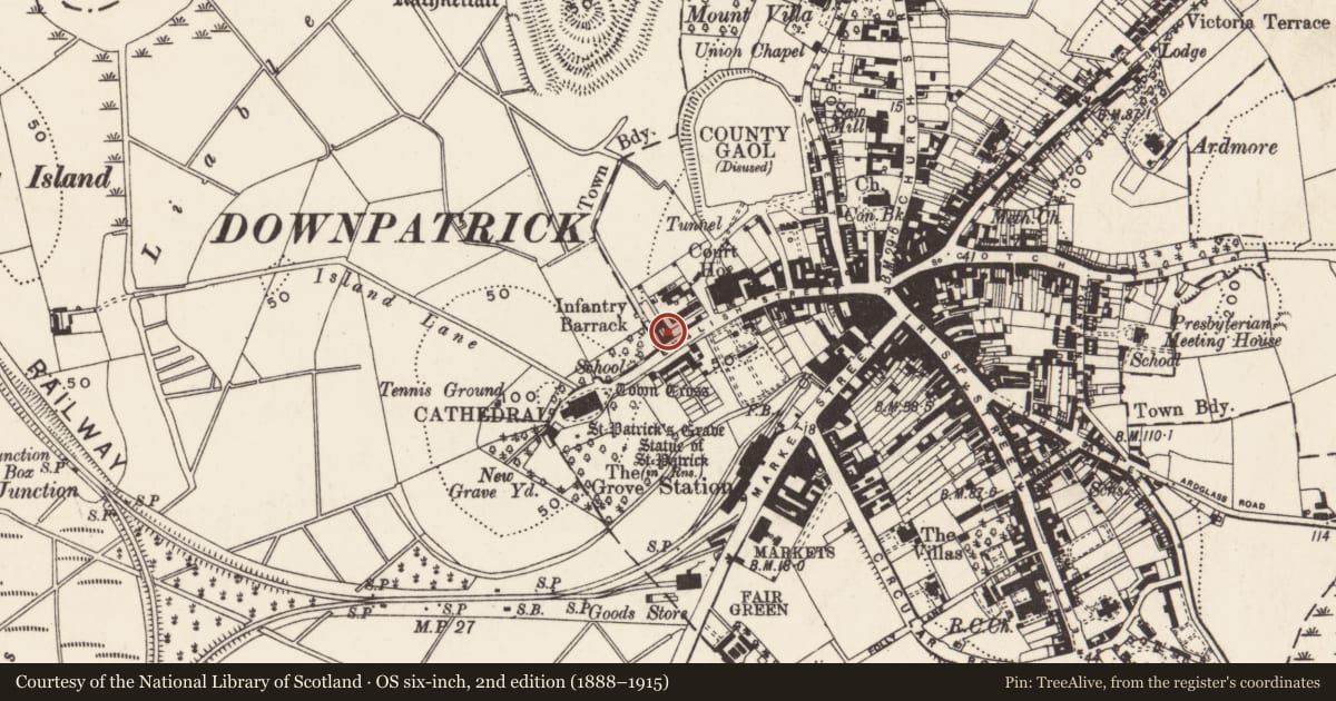 Ordnance Survey six-inch map, 2nd edition (1888–1915) covering the location of 25 English St., Newry, Mourne and Down, with a pin at the register's coordinates
