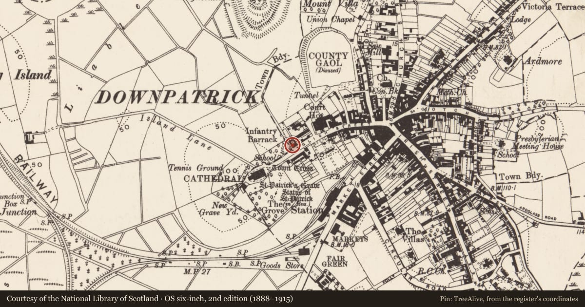 Ordnance Survey six-inch map, 2nd edition (1888–1915) covering the location of 27 English St., Newry, Mourne and Down, with a pin at the register's coordinates