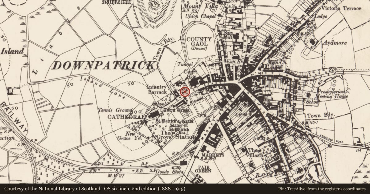 Ordnance Survey six-inch map, 2nd edition (1888–1915) covering the location of Old Gaol Entrance, Newry, Mourne and Down, with a pin at the register's coordinates