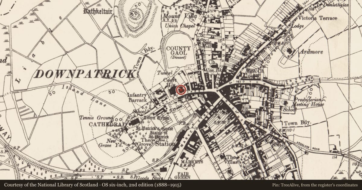 Ordnance Survey six-inch map, 2nd edition (1888–1915) covering the location of County Rooms, Newry, Mourne and Down, with a pin at the register's coordinates
