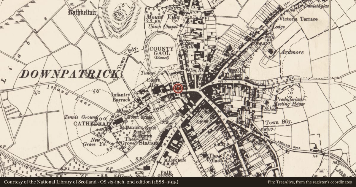 Ordnance Survey six-inch map, 2nd edition (1888–1915) covering the location of 11A English St., Newry, Mourne and Down, with a pin at the register's coordinates